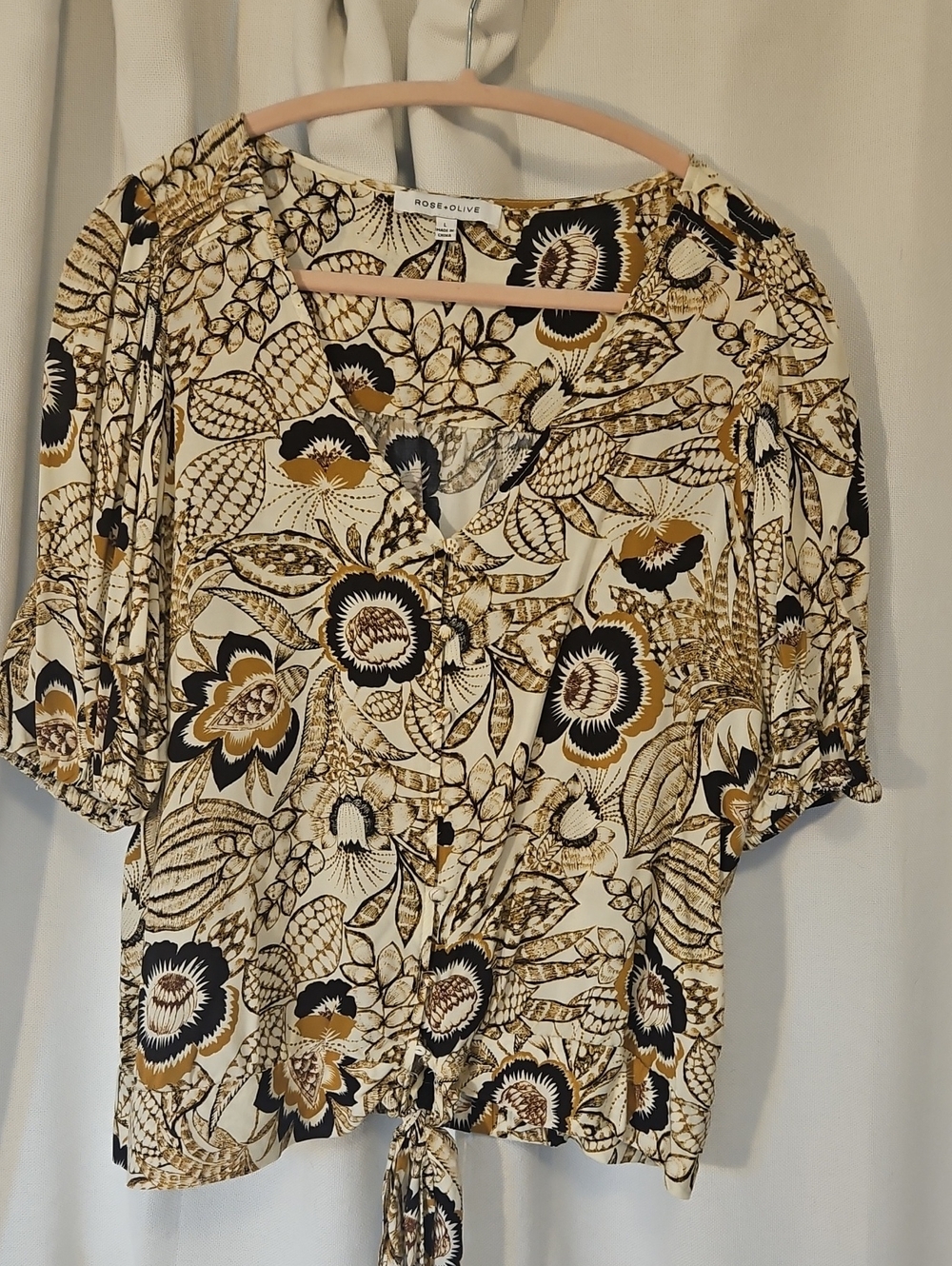 Rose & Olive Cream Floral Tie-Front Blouse with Black & Tan Accents